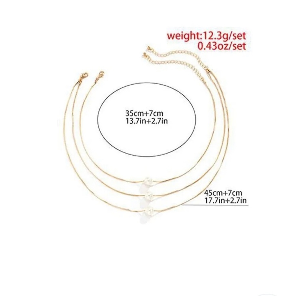 Triple Silver Layered Snake Chain each with a Single Pearl - Picture 4 of 5